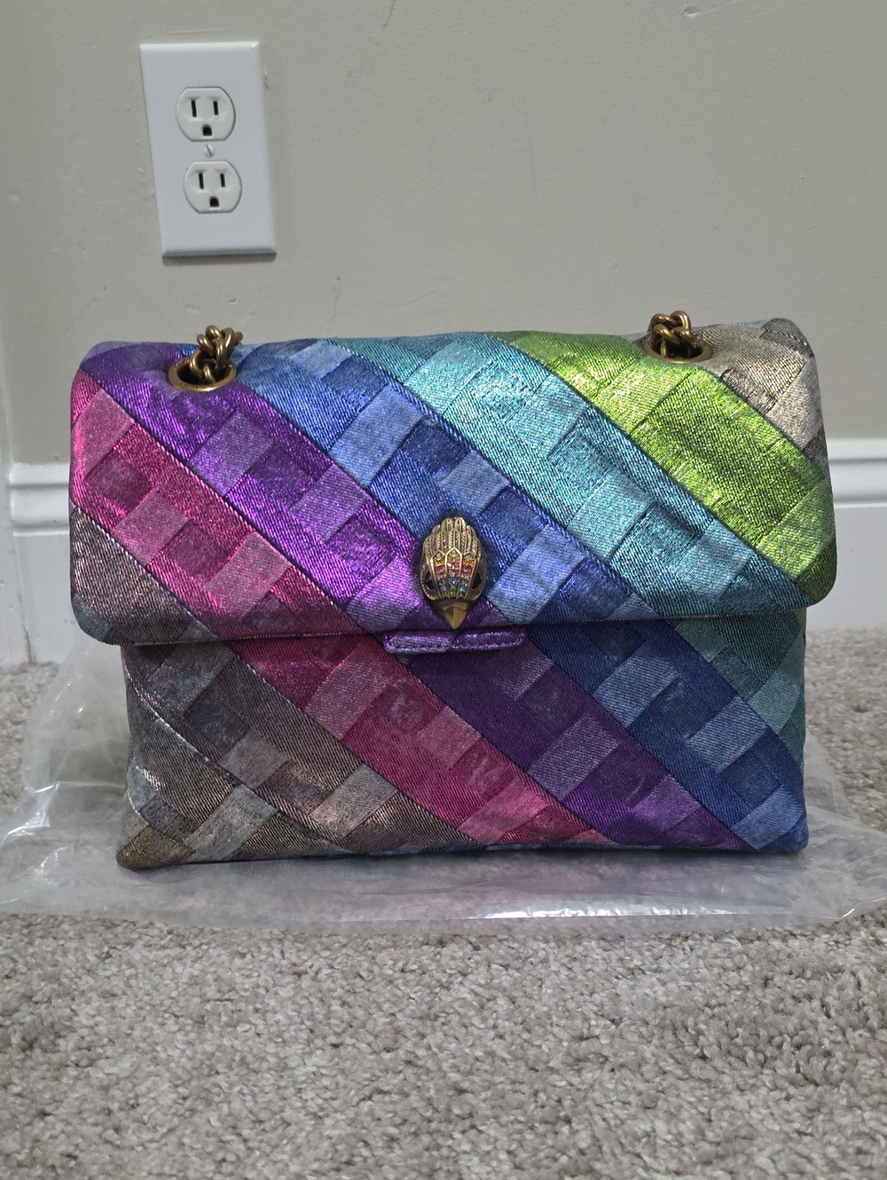 Kurt Geiger London Large Kensington Soft Metallic Rainbow Striped Denim Bag